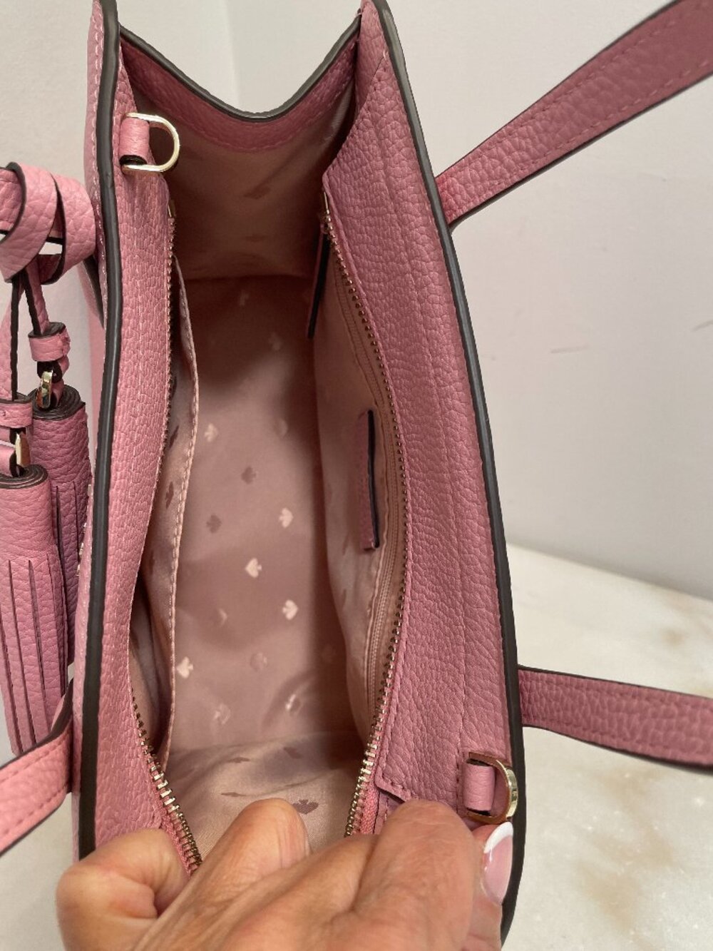 Kate Spade, Rowe, zip-top satchel, Pink pebbled leather with tassels EUC - Picture 7 of 16